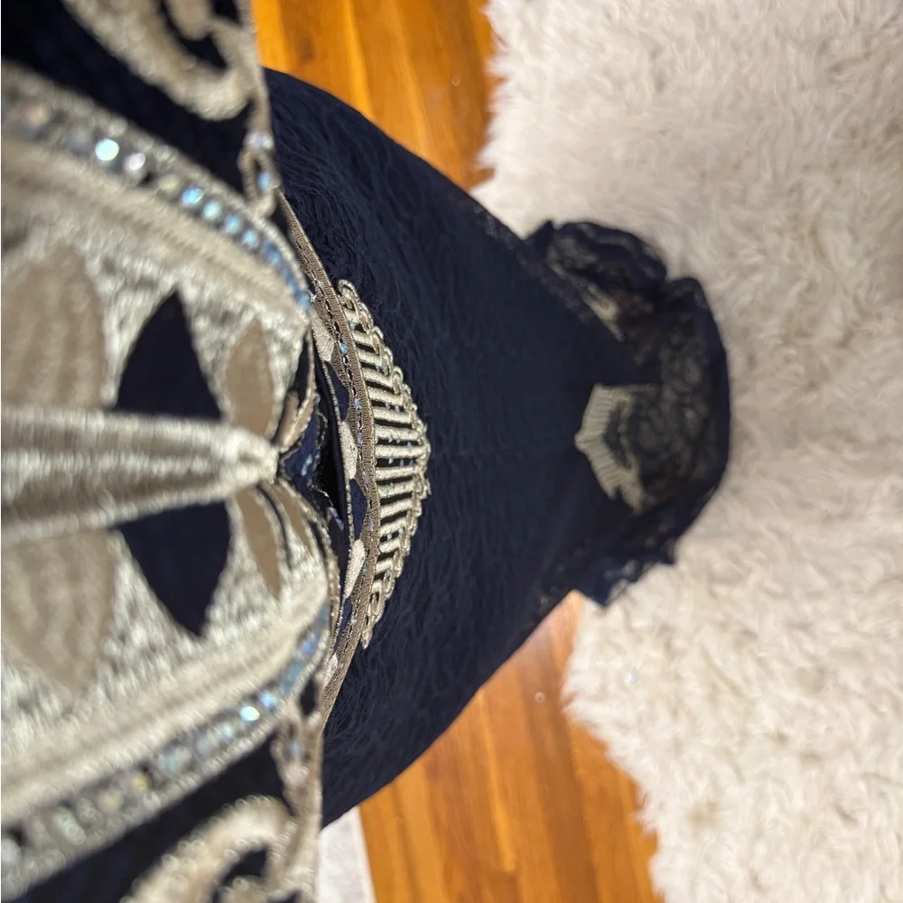 Arabian Embroidered Navy Dress with Gold Accents with belt fits L/XL with Stretc - Picture 2 of 11